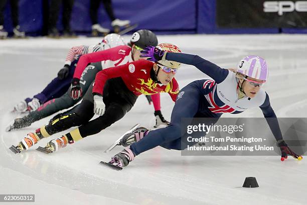 Elise Christie of Great Britain leads the field during the Ladies 500 meter Finals during the ISU World Cup Short Track Speed Skating event on...