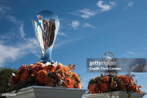 The tournament trophy and Charles Schwab Cup are displayed on the first tee during the final round of the PGA TOUR Champions Charles Schwab Cup...