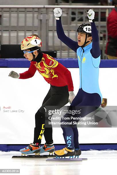 Abzal Azhgaliyev of Kazakhstan reacts to beating Tianyu Han of China in the Men's 500 meter Final during the ISU World Cup Short Track Speed Skating...