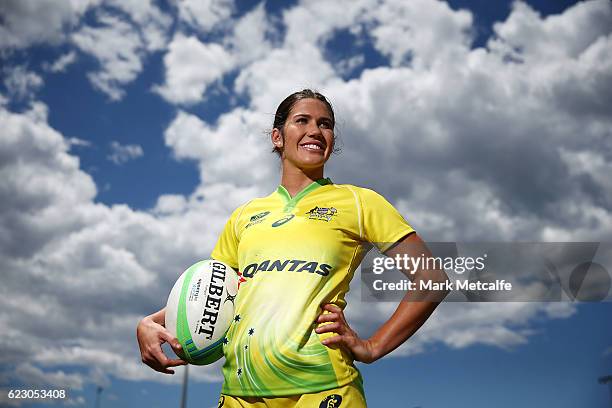 Charlotte Caslick poses during the Australian Sevens Rugby Jersey launch at the Sydney Academy of Sport on November 14, 2016 in Sydney, Australia.