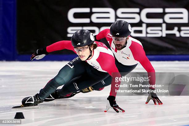 Samuel Girard of Canada leads Charles Hamelin of Canada in the Men's 500 meter Final during the ISU World Cup Short Track Speed Skating event on...