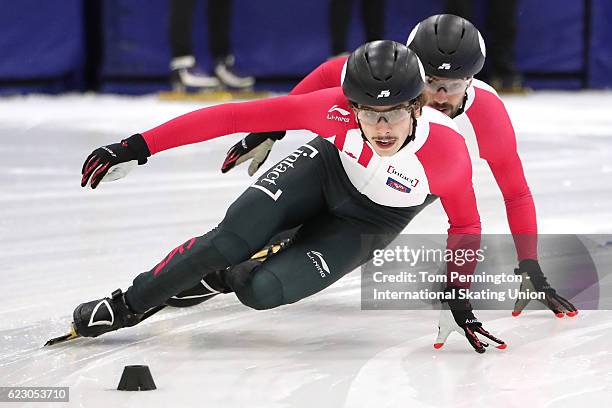 Samuel Girard of Canada leads Charles Hamelin of Canada in the Men's 500 meter Final during the ISU World Cup Short Track Speed Skating event on...