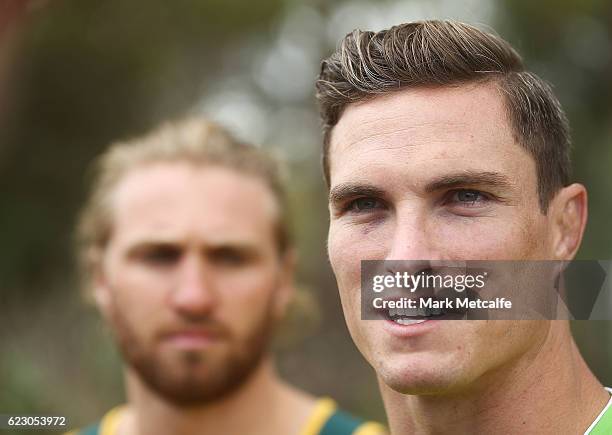 Ed Jenkins talks to the media during the Australian Sevens Rugby Jersey launch at the Sydney Academy of Sport on November 14, 2016 in Sydney,...