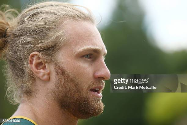Lewis Holland speaks to the media during the Australian Sevens Rugby Jersey launch at the Sydney Academy of Sport on November 14, 2016 in Sydney,...