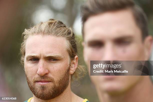 Lewis Holland speaks to the media during the Australian Sevens Rugby Jersey launch at the Sydney Academy of Sport on November 14, 2016 in Sydney,...