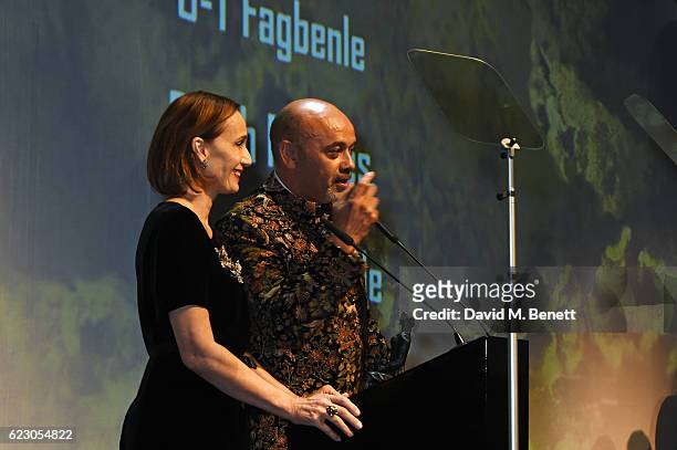 Dame Kristin Scott Thomas and Christian Louboutin speak onstage at the 62nd London Evening Standard Theatre Awards, recognising excellence from...