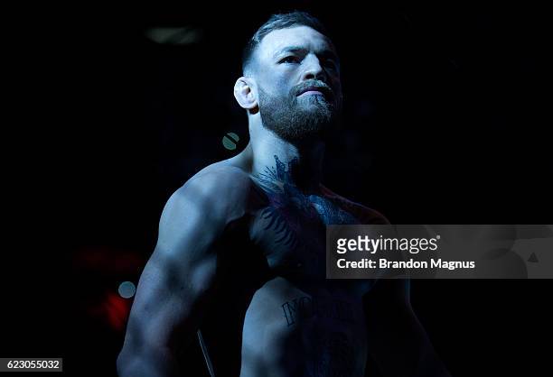 Conor McGregor of Ireland enters the Octagon before facing Eddie Alvarez in their UFC lightweight championship fight during the UFC 205 event at...