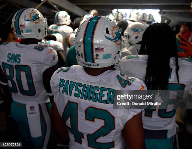 Spencer Paysinger and the rest of the Miami Dolphins prepare to enter the field for a game against the San Diego Chargers at Qualcomm Stadium on...