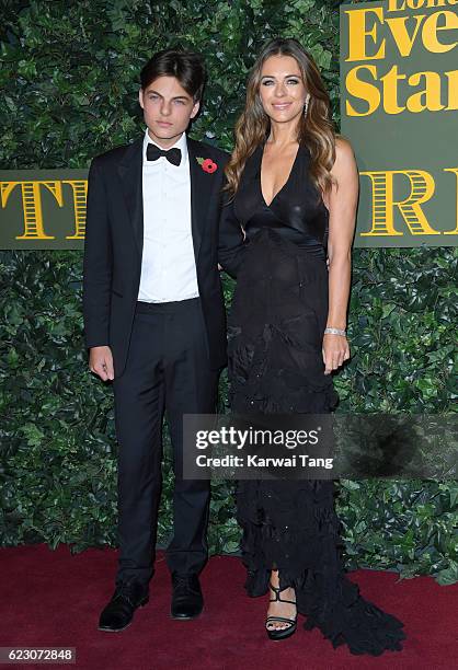 Elizabeth Hurley and son Damian attend The London Evening Standard Theatre Awards at The Old Vic Theatre on November 13, 2016 in London, England.