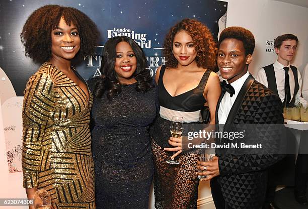 Ibinabo Jack, Amber Riley, Liisi LaFontaine and Tyrone Huntley attend a cocktail reception at The 62nd London Evening Standard Theatre Awards,...