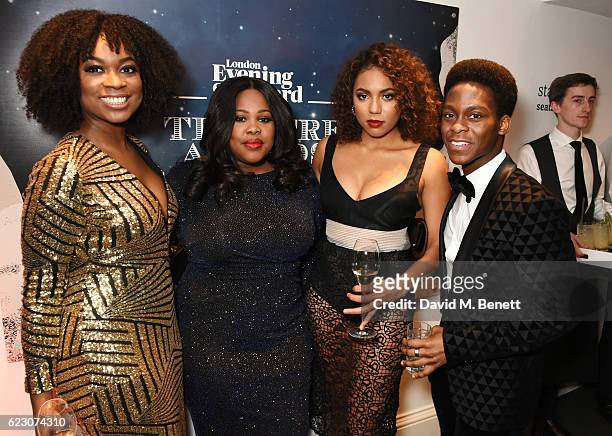 Ibinabo Jack, Amber Riley, Liisi LaFontaine and Tyrone Huntley attend a cocktail reception at The 62nd London Evening Standard Theatre Awards,...