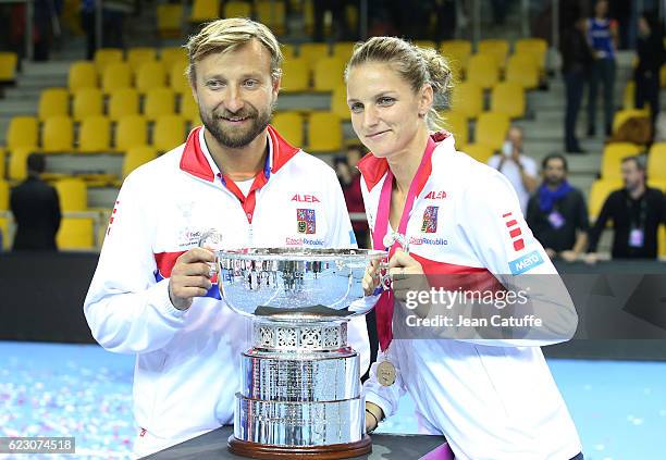 Karolina Pliskova of Czech Republic and her coach Jiri Vanek pose with the trophy following the 2016 Fed Cup Final between France and Czech Republic...