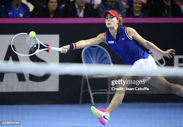 Alize Cornet of France in action during the 2016 Fed Cup Final between France and Czech Republic at Rhenus Sport arena on November 13, 2016 in...