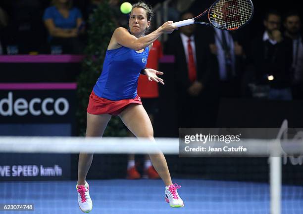 Barbora Strycova of Czech Republic in action during the 2016 Fed Cup Final between France and Czech Republic at Rhenus Sport arena on November 13,...