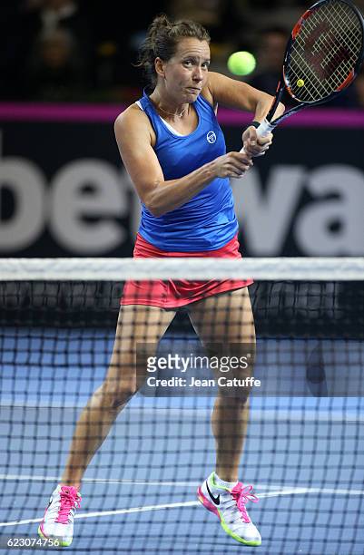Barbora Strycova of Czech Republic in action during the 2016 Fed Cup Final between France and Czech Republic at Rhenus Sport arena on November 13,...