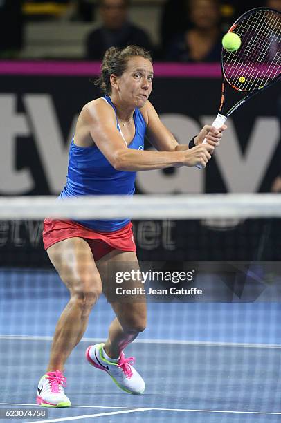 Barbora Strycova of Czech Republic in action during the 2016 Fed Cup Final between France and Czech Republic at Rhenus Sport arena on November 13,...