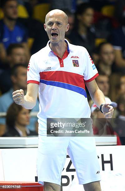 Captain of Czech Republic Petr Pala reacts during the 2016 Fed Cup Final between France and Czech Republic at Rhenus Sport arena on November 13, 2016...