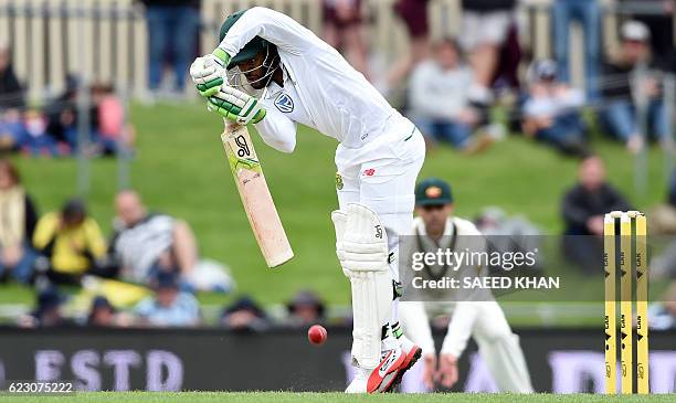 South Africa's batsman Temba Bavuma plays a shot on the third day's play of the second Test cricket match between Australia and South Africa in...