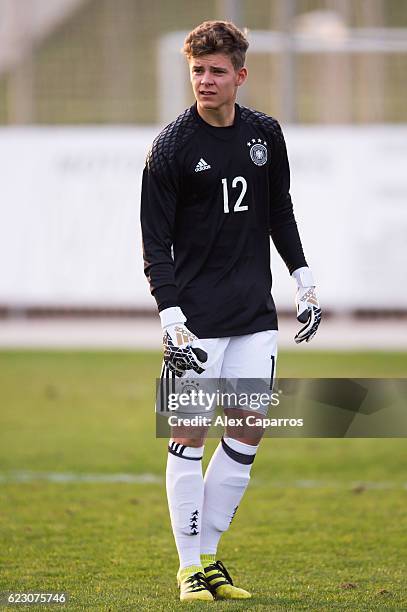 Finn Dahmen of Germany looks on during the U19 international friendly match between Czech Republic and Germany on November 13, 2016 in Salou, Spain.