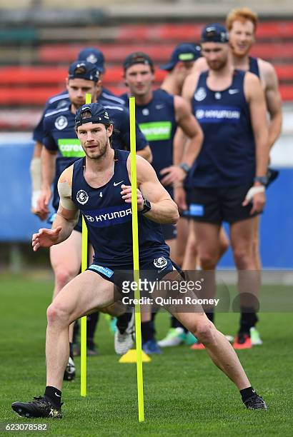 Bryce Gibbs of the Blues runs through the poles during the Carlton Blues AFL pre-season training session at Ikon Park on November 14, 2016 in...
