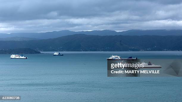 Inter Island ferries are anchored in the harbour area awaiting repairs to the loading ramps in Wellington after a 7.8 earthquake struck the South...