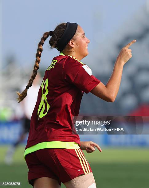 Mariana Speckmaier of Venezuela celebrates scoring a goal during the FIFA U-20 Women's World Cup, Group D match between Germany and Venezuela at...