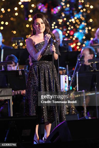 Lea Michele performs on stge during The Grove Christmas With Seth MacFarlane at The Grove on November 13, 2016 in Los Angeles, California.