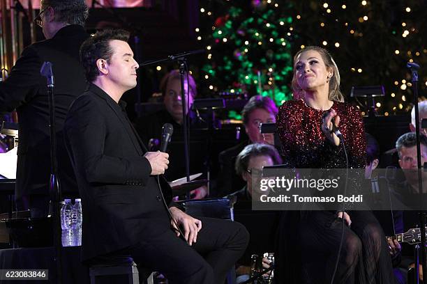 Seth MacFarlane and Rachel Platten perform on stage during The Grove Christmas With Seth MacFarlane at The Grove on November 13, 2016 in Los Angeles,...