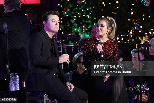 Seth MacFarlane and Rachel Platten perform on stage during The Grove Christmas With Seth MacFarlane at The Grove on November 13, 2016 in Los Angeles,...
