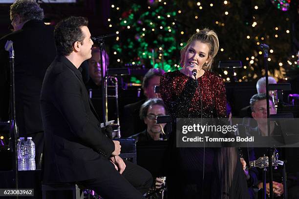 Seth MacFarlane and Rachel Platten perform on stage during The Grove Christmas With Seth MacFarlane at The Grove on November 13, 2016 in Los Angeles,...