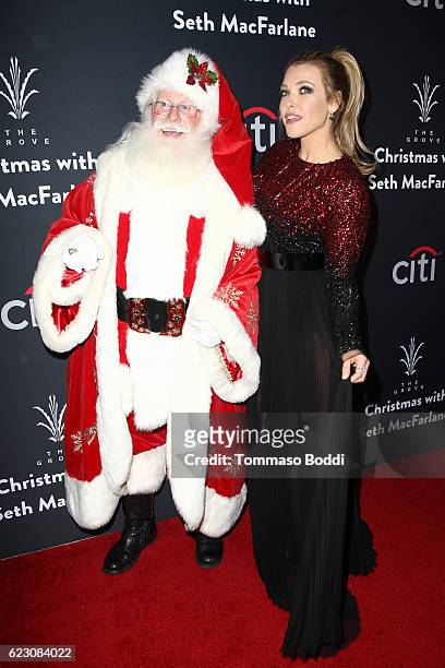 Rachel Platten poses with Santa Claus at The Grove Christmas With Seth MacFarlane at The Grove on November 13, 2016 in Los Angeles, California.