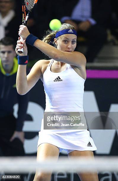 Kristina Mladenovic of France in action during the 2016 Fed Cup Final between France and Czech Republic at Rhenus Sport arena on November 13, 2016 in...
