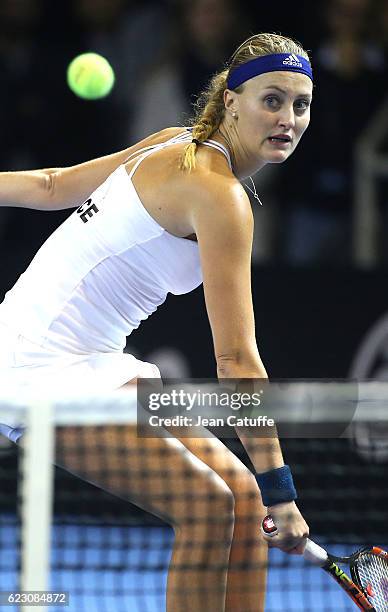 Kristina Mladenovic of France in action during the 2016 Fed Cup Final between France and Czech Republic at Rhenus Sport arena on November 13, 2016 in...