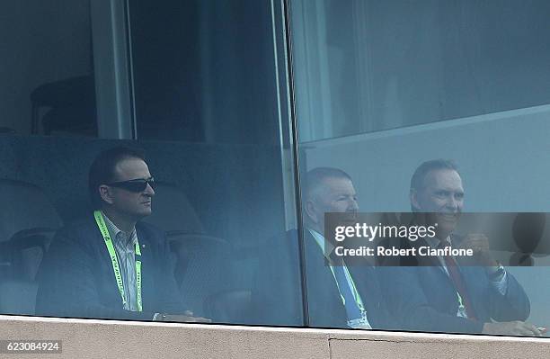 Australian selectors Mark Waugh, Rod Marsh and Trevor Hohns are seen during day three of the Second Test match between Australia and South Africa at...