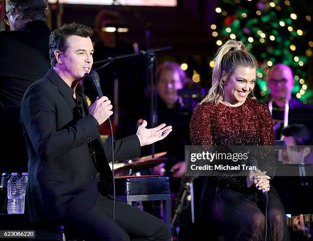 Seth MacFarlane and Rachel Platten perform a duet onstage during The Grove Christmas event held on November 13, 2016 in Los Angeles, California.