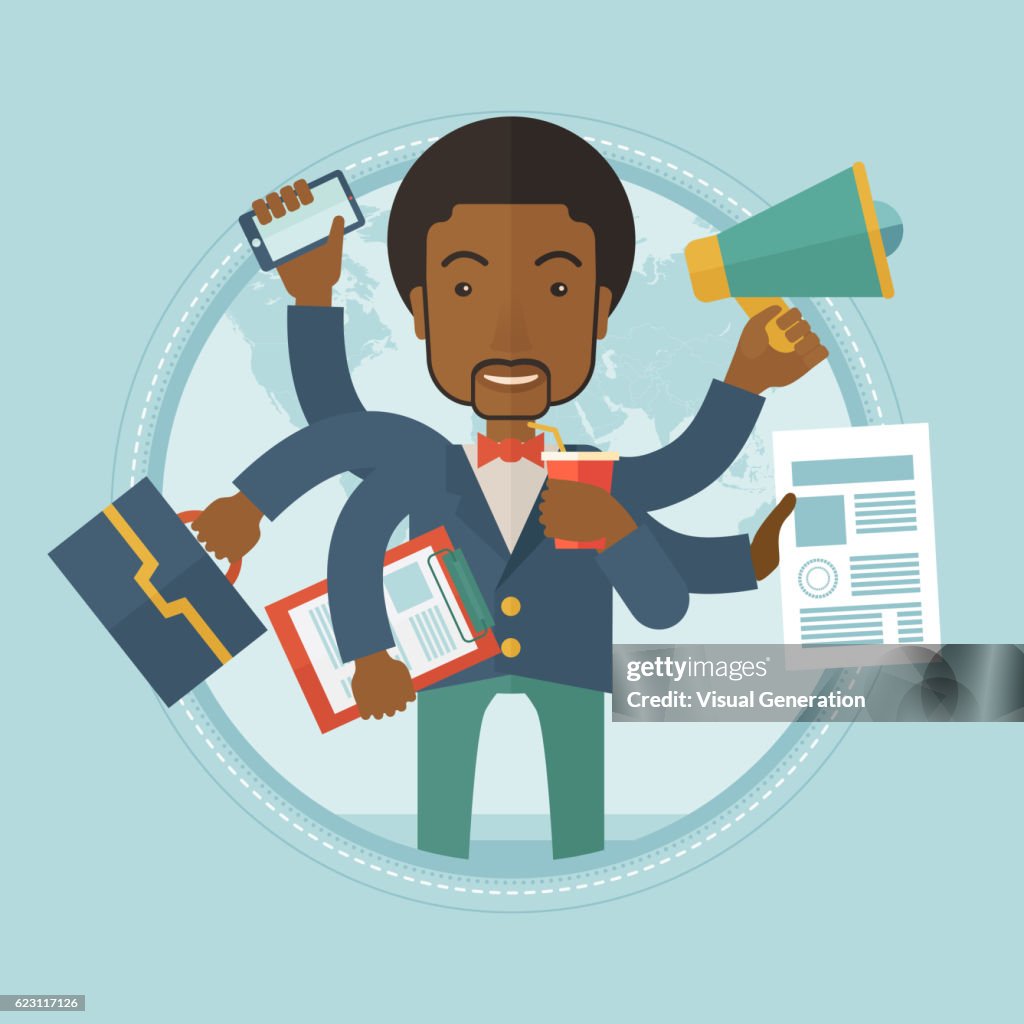 Man coping with multitasking vector illustration.