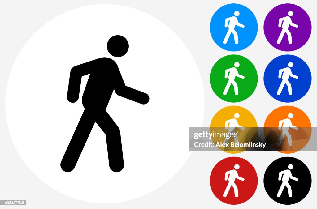 Walking Stick Figure Icon on Flat Color Circle Buttons