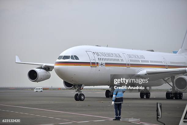 Airplane of German President Joachim Gauck and German First Lady Daniela Schadt arrives at Haneda airport in Tokyo, Japan, on November 14, 2016....
