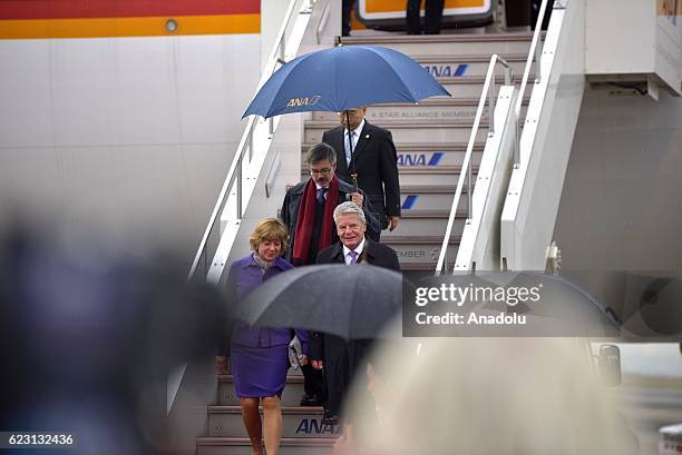 German President Joachim Gauck and German First Lady Daniela Schadt arrive at Haneda airport in Tokyo, Japan, on November 14 as they pay an Official...