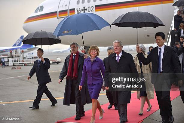 German President Joachim Gauck and German First Lady Daniela Schadt arrive at Haneda airport in Tokyo, Japan, on November 14 as they pay an Official...