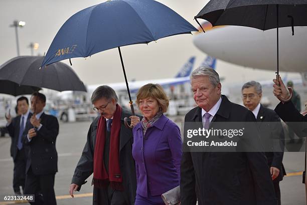 German President Joachim Gauck and German First Lady Daniela Schadt arrive at Haneda airport in Tokyo, Japan, on November 14 as they pay an Official...