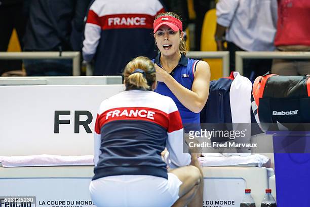 Amelie Mauresmo coach of France and Alize Cornet of France during the Fed Cup Final between France and Czech Republic, day 2, at Rhenus Sport on...