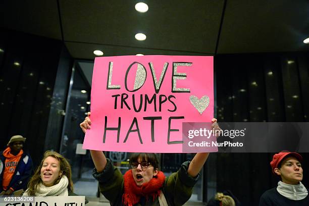 Group of Trump protesters, holding various banners, peacefully gather on 13 November in Toronto, Canada came to the streets to show solidarity with...