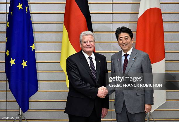 German President Joachim Gauck shakes hands with Japan's Prime Minister Shinzo Abe at the start of their meeting at Abe's official residence in Tokyo...