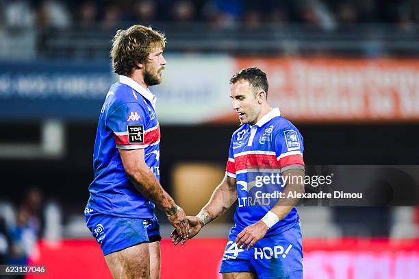 Francois Steyn and Demetri Catrakilis of Montpellier during the Top 14 match between Montpellier and Lyon on November 12, 2016 in Montpellier, France.