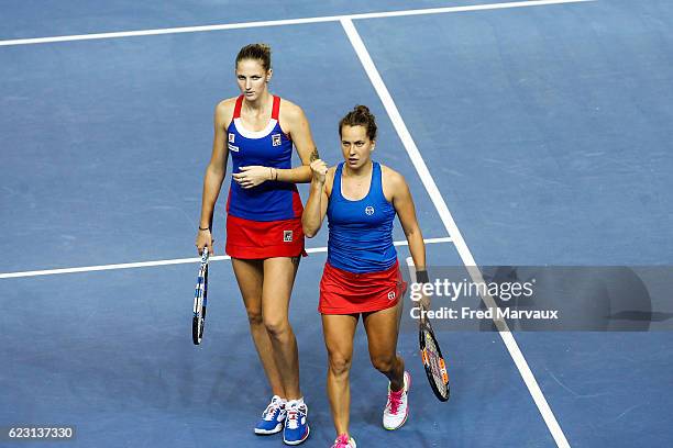 Karolina Pliskova and Barbora Strycova of Czech Republic during the Fed Cup Final between France and Czech Republic, day 2, at Rhenus Sport on...