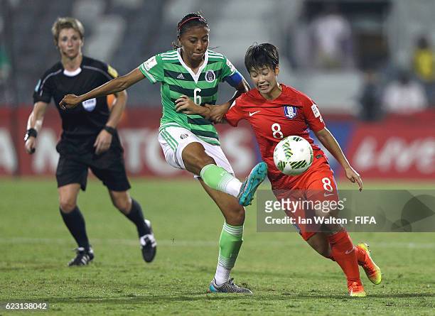 Park Yeeun of Korea Republic is tackled by Nancy Antonio of Mexico during the FIFA U-20 Women's World Cup, Group D match between Mexico and Korea...