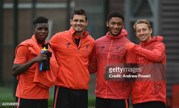 Lucas Leiva, Dejan Lovren, Sheyi Ojo and Joe Gomez of Liverpool during a training session at Melwood Training Ground on November 14, 2016 in...