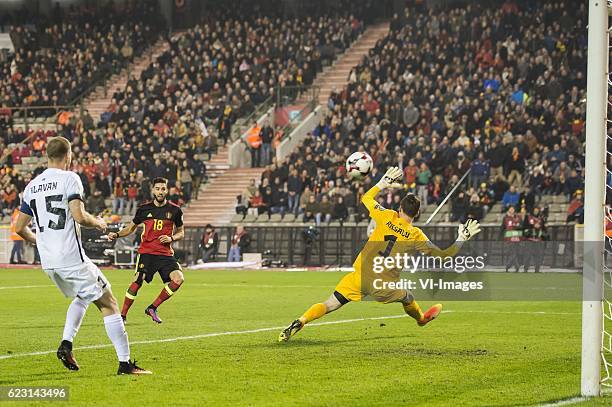 Ragnar Klavan of Estonia, Yannick Carrasco of Belgium, goalkeeper Mihkel Aksalu of Estoniaduring the FIFA World Cup 2018 qualifying match between...