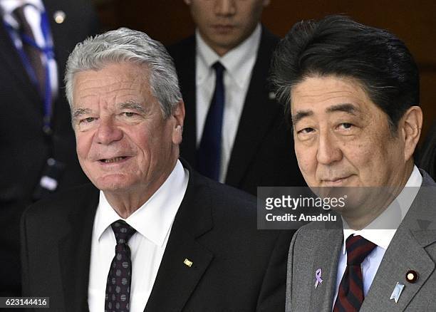 German President Joachim Gauck and Japan's Prime Minister Shinzo Abe walk on their way to their meeting at Abe's official residence in Tokyo, Japan,...